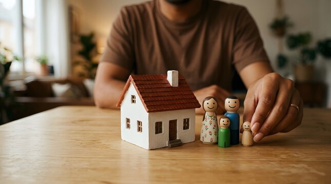 Man arranging wooden family peg dolls next to a model house on a table, property investment and real estate concept