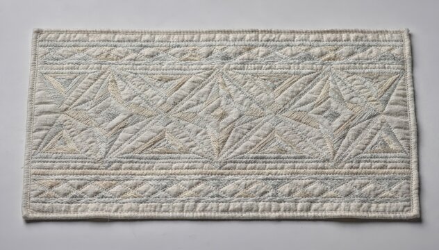 Medium shot of geometric decorative detailing showcasing intricate stitching and quilting patterns creating sharp angles and repetitive shapes in soft fabric textures.