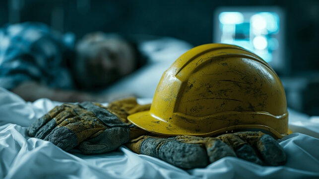 Close-up of a dirty hard hat and gloves on a hospital bed with an injured construction worker sleeping in the background, workplace accident and workers compensation concept.
