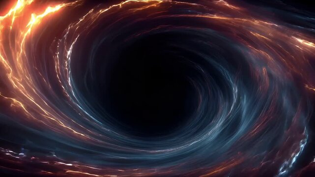 Black hole, fantasy, mysterious. A vivid digital artwork depicts a cosmic scene. A swirling vortex of fiery orange and blue hues dominates the image, creating a mesmerizing visual effect.