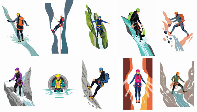 A collection of flat illustrations showing a young programmer working on various software development, coding, and networking tasks in a modern style.