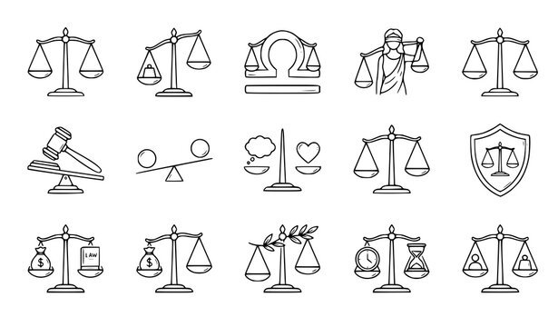 Minimal Libra balance scale icon collection with balanced and imbalanced hand drawn outline vector set