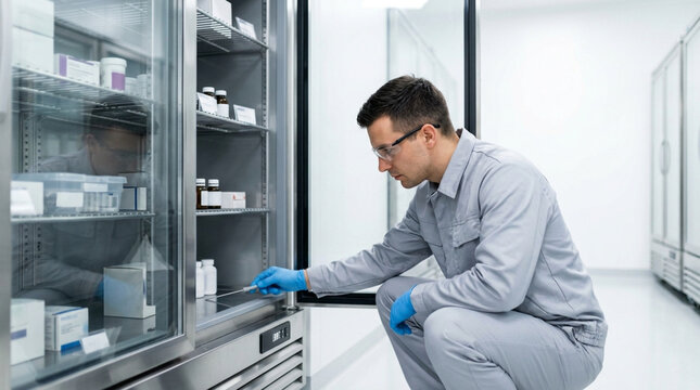 Male laboratory technician in grey uniform and protective eyewear crouching to organize medical supplies and glass vials stored in a professional laboratory refrigerator unit.