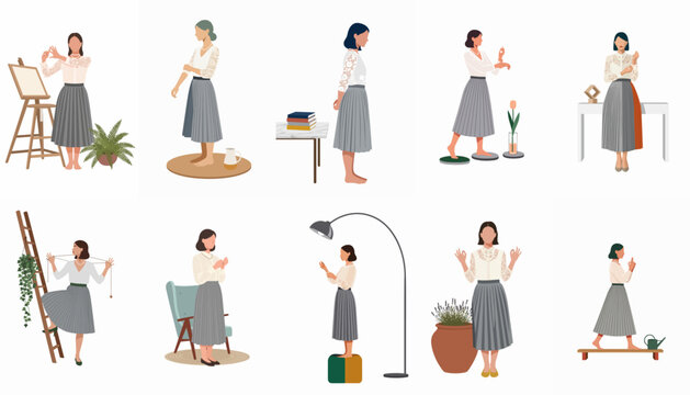 Set of minimalist vector characters showing a stylish woman engaged in different hobbies and home activities, isolated on a white background.