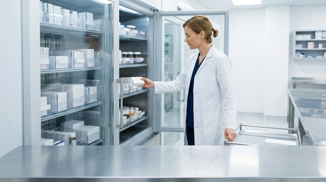 Female pharmacist in white lab coat taking a box of medicine from a large industrial laboratory refrigerator in a sterile hospital pharmacy or medical research facility.