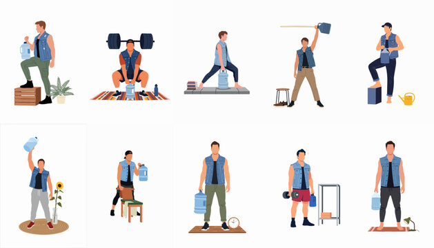 Set of flat illustrations showing a man performing various home workouts using large water bottles as makeshift weights for strength training and fitness.