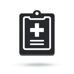 Obraz premium Minimalist black and white medical first aid icon enclosed in a square frame with a keychain loop, set against a plain white background.