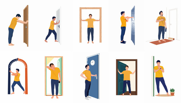 Set of flat illustrations featuring a man performing various stretching exercises and poses using doors and doorframes in a home environment.