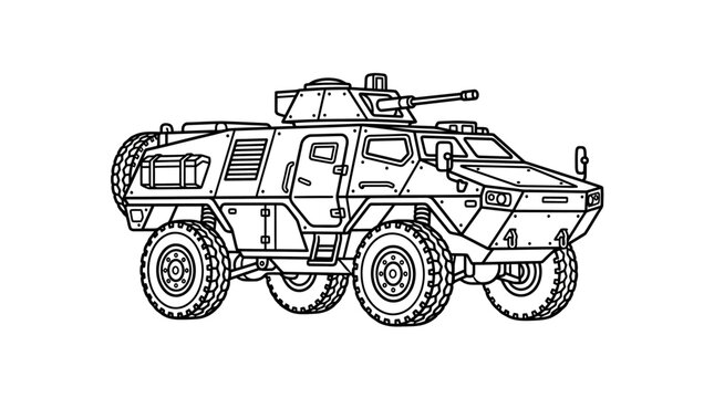 Armored military vehicle with mounted turret and heavy wheels.