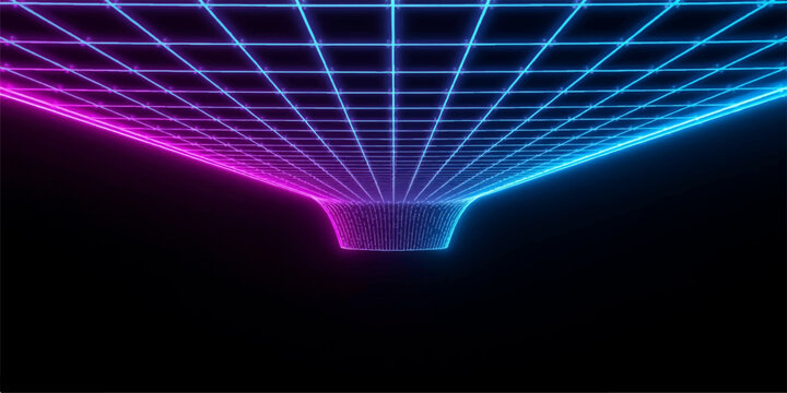 Futuristic synth wave grid background with pink and blue neon perspective wire frame network and glowing core on black canvas