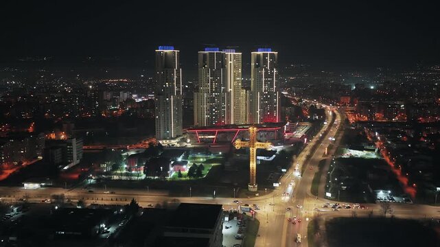 Panoramic Aerial Night View Skopje Macedonia Cityscape Millennium Cross
