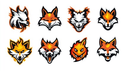 Fototapeta premium Collection of six detailed fox head illustrations with expressive eyes and fur textures, designed in bold orange and white line art style on transparent background.