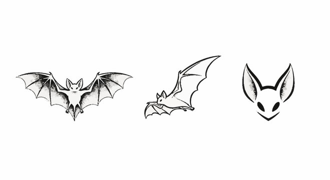 Detailed black and white bat illustration set with faces.