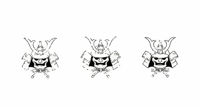 Three traditional Japanese samurai helmet line art illustrations.