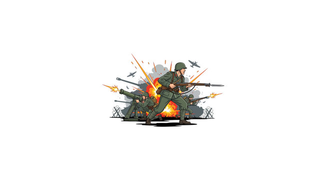 Illustration of a soldier in combat firing a weapon amid explosions and flying bullets.