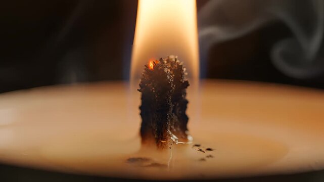 Closeup Macro Shot of a Burning Candle Wick with Flickering Flame.