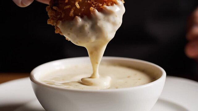 Golden fried snack dipped in rich, creamy white sauce, with a delicious drip into a bowl