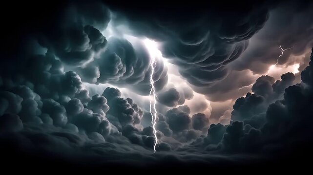Fantasy wallpaper. A dramatic depiction of a stormy sky. The main subject is a large, swirling cloud formation, illuminated by a bright flash of lightning striking through the clouds.