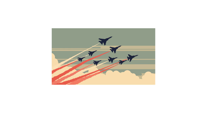 Military fighter jets flying in formation with red smoke trails against a cloudy sky.