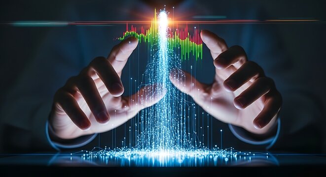 Data aggregation concept. A data scientist's hands observe a hologram where small 'data streams' merge to form a large 'river' of information.