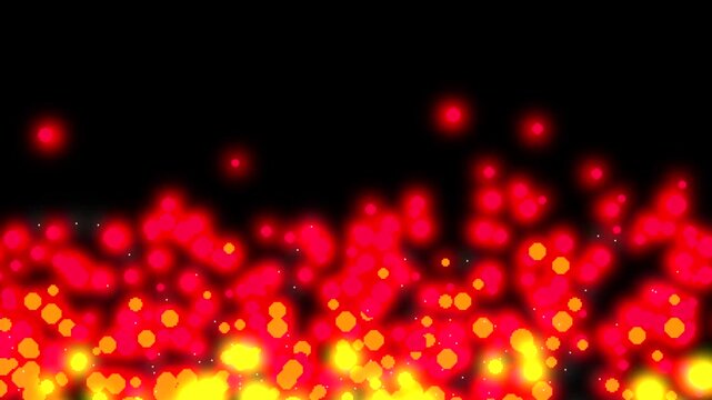 Bright glowing pixelated fire particles and flames animation on black background