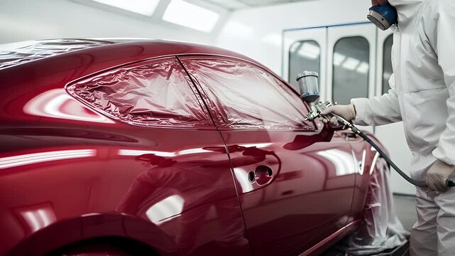 Professional auto body painter meticulously applies fresh red paint to a sports car in a specialized spray booth ensuring a flawless finish.