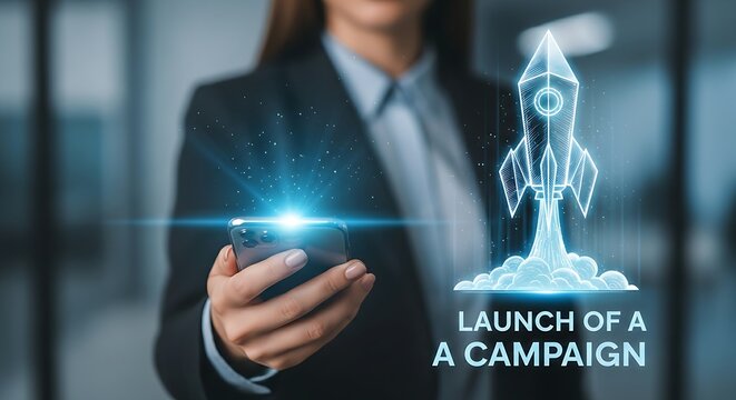 Campaign launch concept. A digital marketer's hands hold a smartphone that projects a hologram of a paper 'rocket' taking off, symbolizing a campaign launch