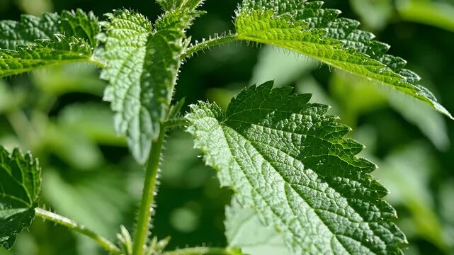 Closeup of stinging nettle plant leaves and stem in natural sunlight.