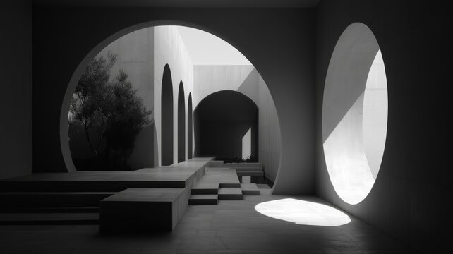 モノクロの円形開口部が連なるモダンな建築空間。抽象的なデザインや建築関連のビジュアル素材に適した構図