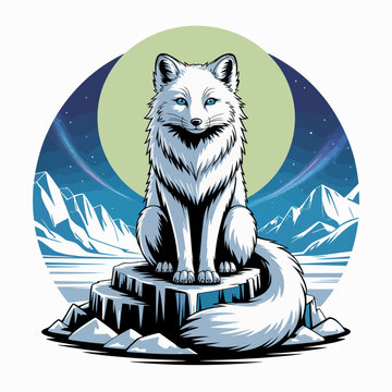 White Fox Sitting on Ice Block.