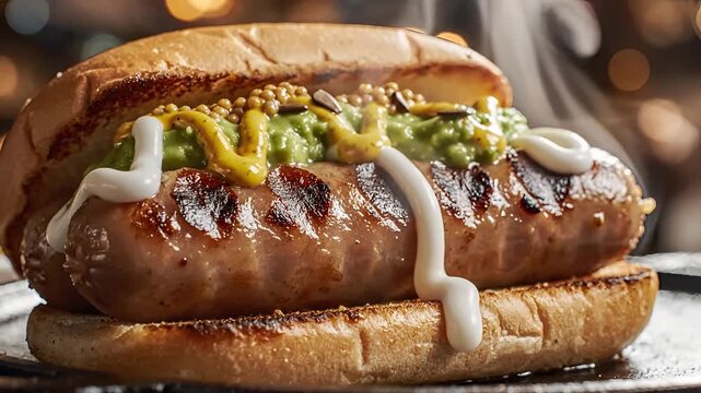 Delicious Gourmet Hot Dog with Toppings on a Bun.
