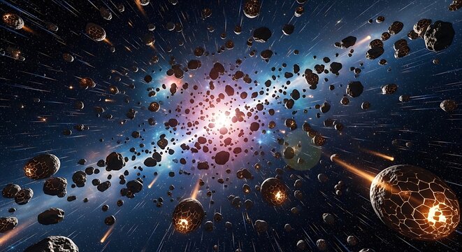 Vast asteroid belt with glowing celestial bodies and distant galaxies in deep space.. astroid belt