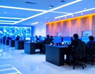 Obraz premium Control room with computer monitors, operators at desks, blue lighting, data center monitoring, cybersecurity operations