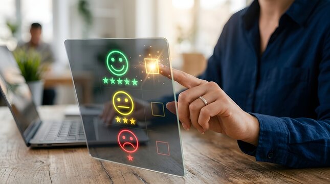 Businesswoman giving 5-star rating on a transparent digital screen for customer satisfaction and service quality feedback