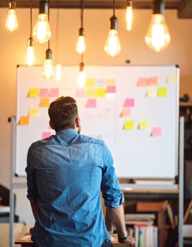 Man in denim shirt facing whiteboard with sticky notes, hanging lights, office planning and brainstorming workspace