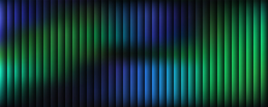 Abstract futuristic banner with vertical lines and aurora green blue gradient, modern dark background with neon stripe pattern for tech website header or gaming backdrop