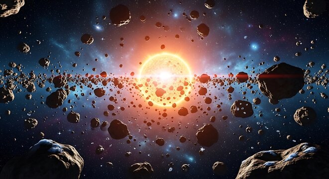 Vast asteroid belt with a bright sun in the background, cosmic space scene. astroid belt