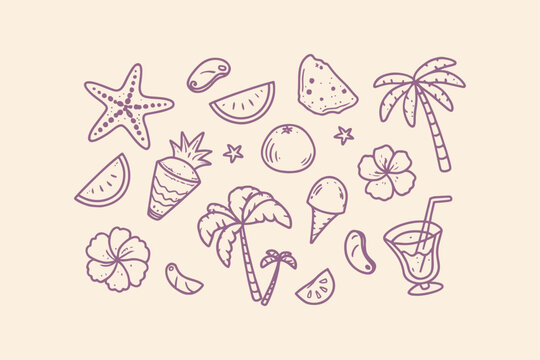 Hand-drawn tropical summer vacation and beach elements doodles with starfish kiwi watermelon pineapple palm trees hibiscus flowers illustrations palm tree ice cream line art tropical