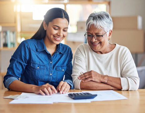 Two women reviewing paperwork with calculator at table, smiling, home finance, family budgeting, tax preparation