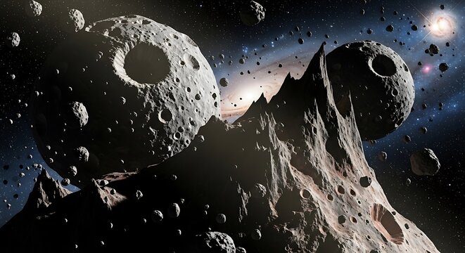 Cosmic asteroid belt with large celestial bodies and debris in deep space with distant galaxy and nebula. astroid belt