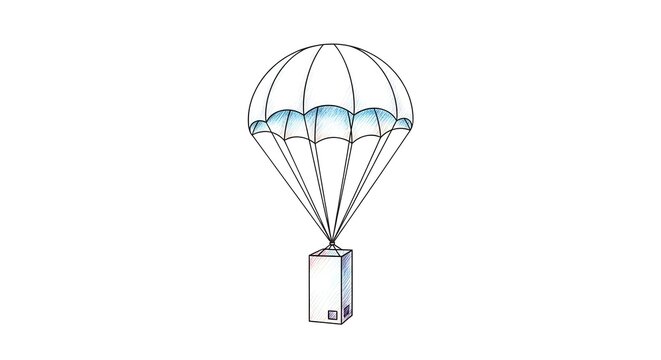 Parachute delivery box floating in the sky illustration.