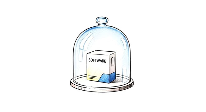 Glass bell jar covering colorful software box illustration.