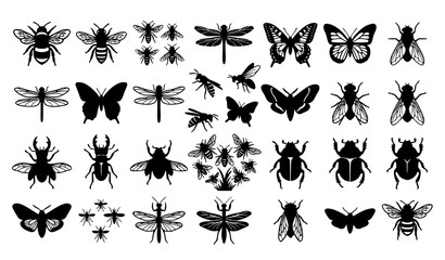 Insect and bug silhouette vector icon collection featuring butterflies dragonflies beetles bees flies and mantis variations isolated on white background for biology design © Hosneara