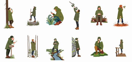 Flat Vector Illustration Set of People Exploring Nature, Hiking in the Forest, and Engaging in Mindful Outdoor Activities wearing Green Parkas. © Mam