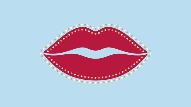 A stylized, vibrant red pair of lips adorned with a dotted border, set against a soft blue background, creating a playful and iconic graphic