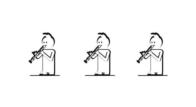Three cartoon characters playing clarinets in sequence.