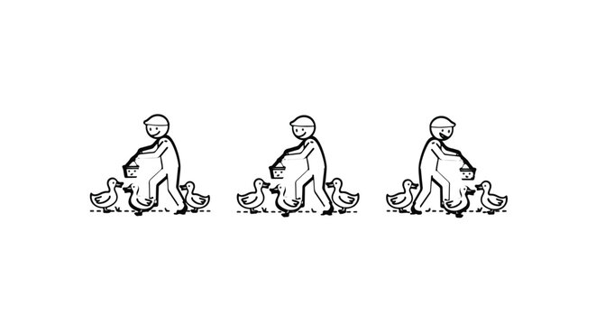 Illustrated child herding ducks in three sequential poses.