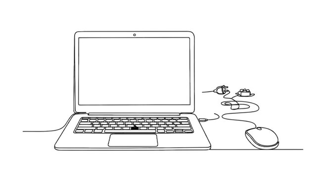 Laptop computer with mouse and headphones isolated on transparent background, Vector
