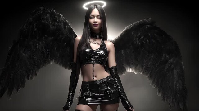 Fantasy wallpaper. A digital artwork depicts a female figure with long, dark hair and a halo above her head. She wears a shiny, black outfit consisting of a crop top, a skirt, and thighhigh boots.