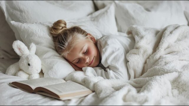 Peaceful little girl sleeping sweetly in a cozy white bed with a book and a stuffed bunny toy